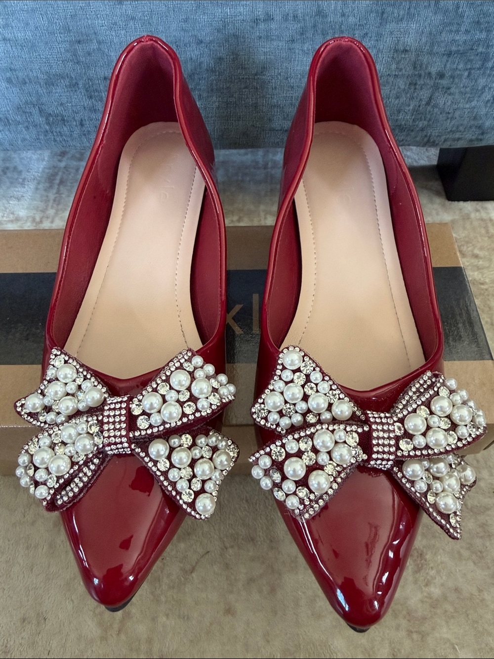 Pearl-Bow Patent Red Pointed-Toe Flats - Picture 1 of 9